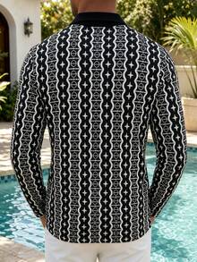 Men's Black And White Star Chain All-Over Print Long Sleeve Polo Shirt - Multicolor - View 4