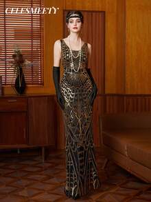 1920s Vintage Sequin Beaded Dress, Plus Size Black With Gold, Suitable For Party, Wedding, Guest Occasions - Black - View 1