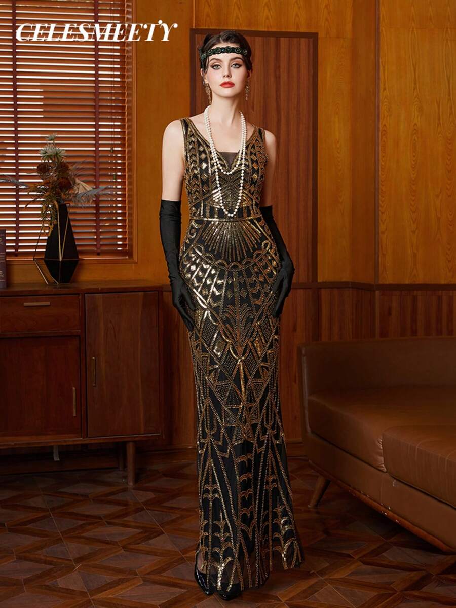 1920s Vintage Sequin Beaded Dress, Plus Size Black With Gold, Suitable For Party, Wedding, Guest Occasions - Black - View 1