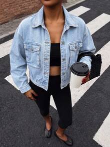 Women's Y2K Distressed Cropped Denim Jacket, Lapel Long Sleeve Aviator Jacket, Vintage Grunge Style - Blue - View 1