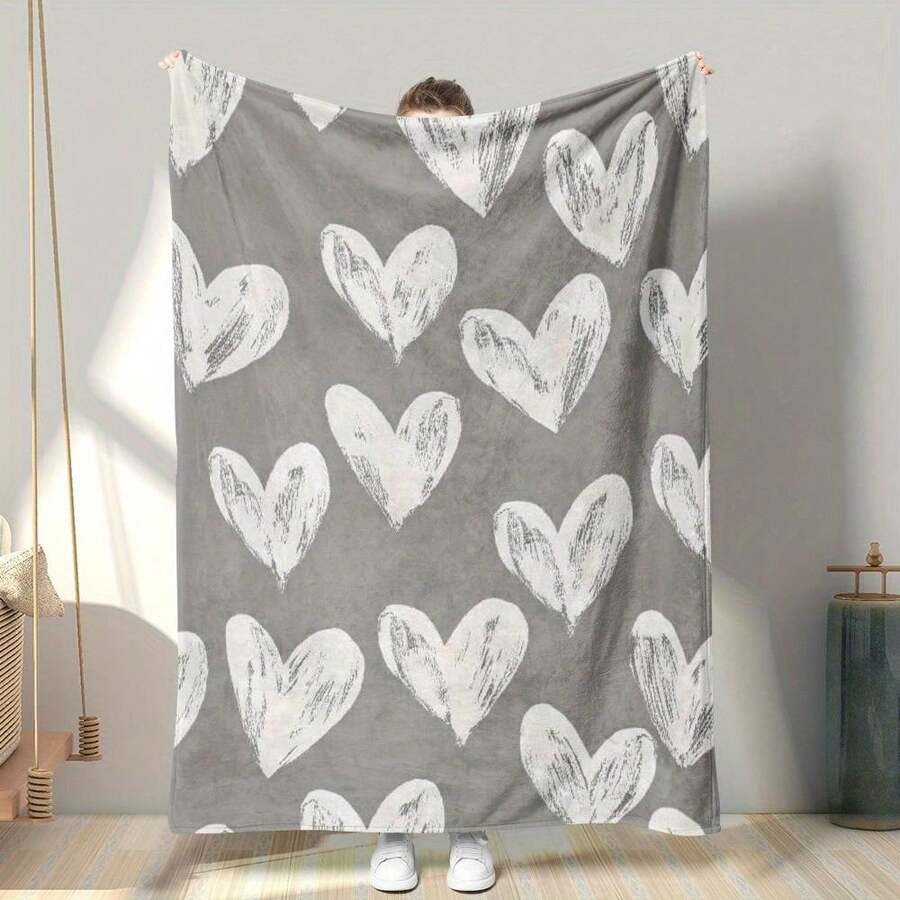 1pc Cozy White Heart Design Flannel Blanket - Soft Gray & White Vintage ...