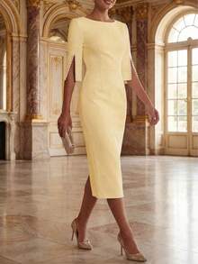 Solid Color Casual Elegant Retro French Style Waist Slimming Office Daily Date Commute Faux Pearl Decor Round Neck Dress, White Summer Yellow - Yellow - View 3