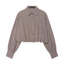Gingham Print Collared Long Sleeve Button Front Crop Shirt With Chest Pocket - Brown - View 8