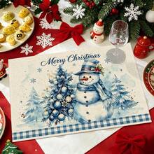 2/4/6/8/16pcs Round & Rectangular Placemats, Christmas Snowman Watercolor Christmas Tree Snowflake Print, Suitable For Home Kitchen Dining Table Decor And Christmas Party Atmosphere - Multicolor - View 2