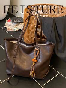 1pc Vintage Large Capacity Commuter Tote Bag, Zipper Closure, Pendant Decoration, Suitable For Daily Outing, Dating, Commuting - Coffee - View 6