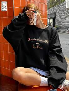 Oversized Women's Sweatshirt For Autumn/Winter, Casual Daily Wear, Long Sleeve Hoodie, Outerwear Top, Y2K, Letter Slogan Graphic, Unisex, Streetwear - Black - View 4