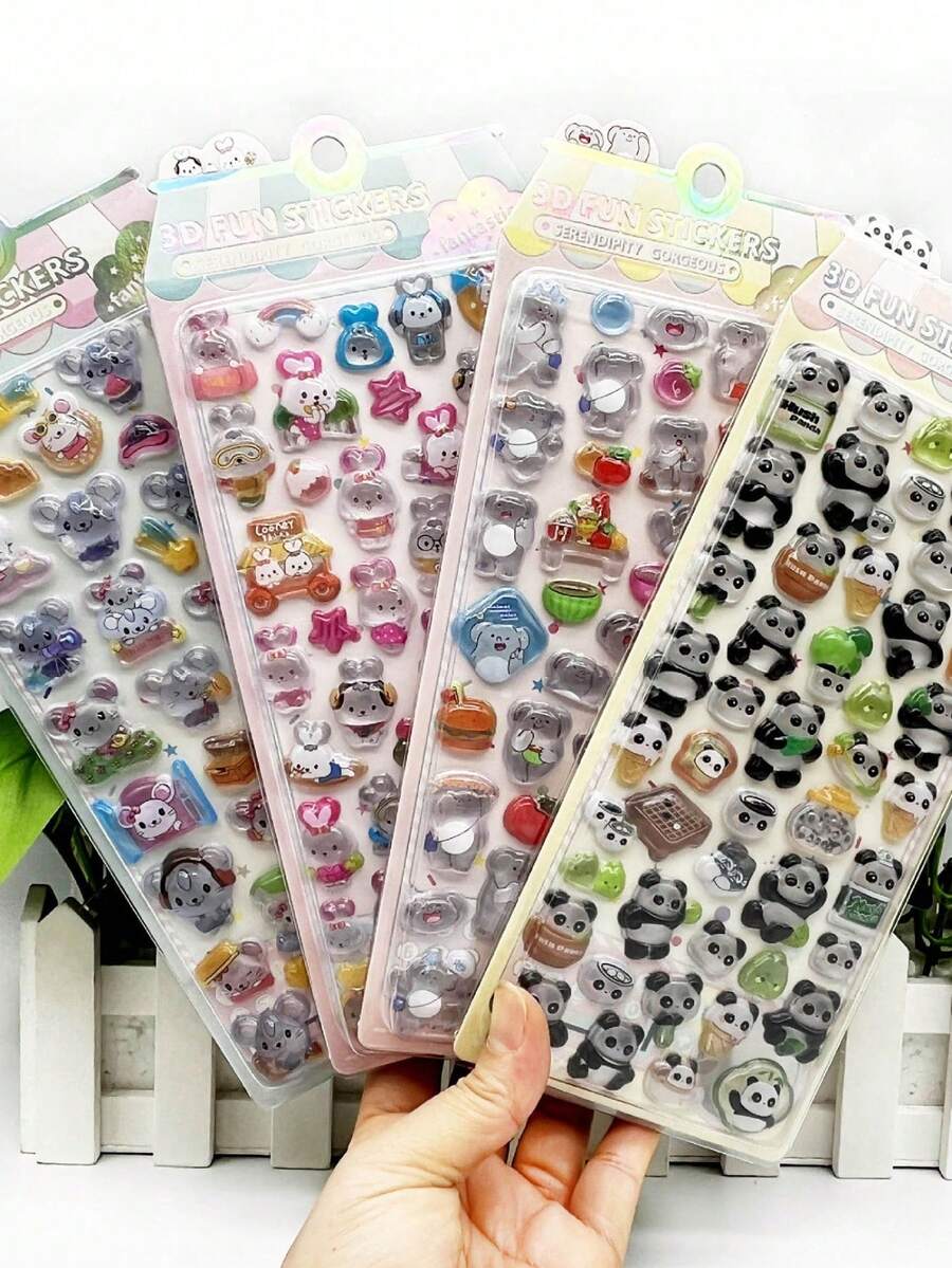 1/4pcs Cartoon Animal Rabbit Mouse Elephant Panda Embossed Stickers, Fun 3D Decorative Stickers For Kids, Cute Transparent Craft Set