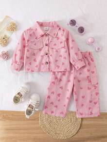 2pcs/Set Baby Girl Casual Sweet Cute Heart Print Collared Long Sleeve Lightweight Jacket And Pants Set, Spring/Autumn/Winter - Pink - View 7