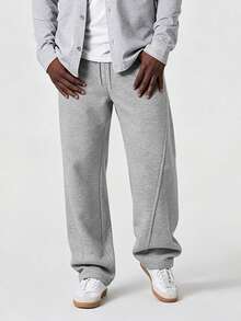 mulinsen Men's Solid Color Drawstring Elastic High Waist Split Wide Leg Floor Length Sweatpants, Heavyweight Fleece Fabric, 3D Multi-Panel Split Design With Contrast Stitching, Japanese Style, Casual Long Pants For Commute, Travel, Daily Wear - Grey - View 8