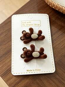 2pcs/Set Maillard Vintage Flocked Bear & Rabbit Hair Clips Set, Soft Cute 3D Animal Hair Accessories For Women's Daily Outfit, Bangs & Loose Hair Decoration - Multicolor - View 6