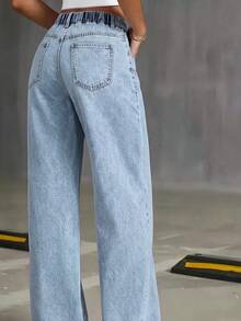 Plus Size Light Blue Washed Drawstring Elastic Waist Cropped Jeans With Front Vertical Seam Loose Wide Leg Casual Pants - Light Wash - View 6