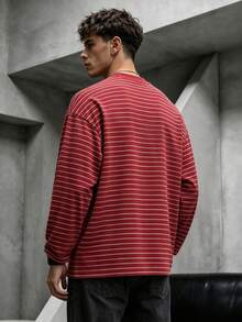 Krometka Men's Fine Striped Pattern Crew Neck Long Sleeve T-Shirt, American Street Style Loose Casual Basic Top - Red - View 4