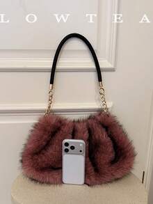 low tea 1pc Fashion Cloud Pleated Plush Fabric Shoulder Bag, Suitable For Commuting, Shopping, Etc. - Pink - View 4