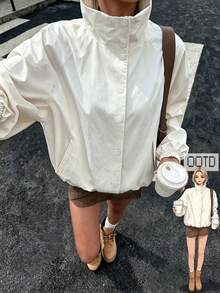 Women's White Flare Collar Short Jacket With Buttons And Pockets, Long Sleeve Woven Fabric, Suitable For Autumn Wear - Off White - View 6