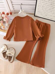 2pcs/Set Girls Toddler Casual Minimalist Bow Brown Long Sleeve Top & Flared Pants Outfit, Spring/Autumn - Brown - View 2