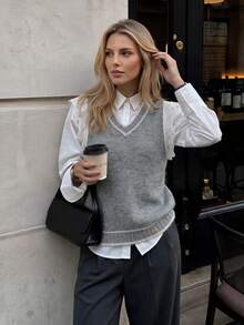 Nicenter Women's Fall Winter Grey V-Neck Contrast Lace Sleeve Wool Blend Sweater Vest, Elegant Casual Simple For Office Daily Home Date - Grey - View 3