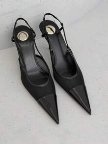 法式緞面高跟粉色包頭半拖鞋仙女鞋 2026 春/夏尖頭水鑽鞋 - 黑色 - 查看 7