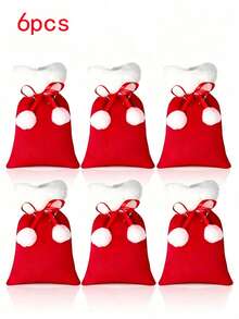 1/3/6pcs Christmas Gift Bags, Christmas Drawstring Bags, Christmas Red & Green Plush Small Gift Bags, White Pom Pom Decor, White Faux Fur Ribbon Drawstring Design, Christmas Gift Bags First Choice - Multiple Styles - View 7