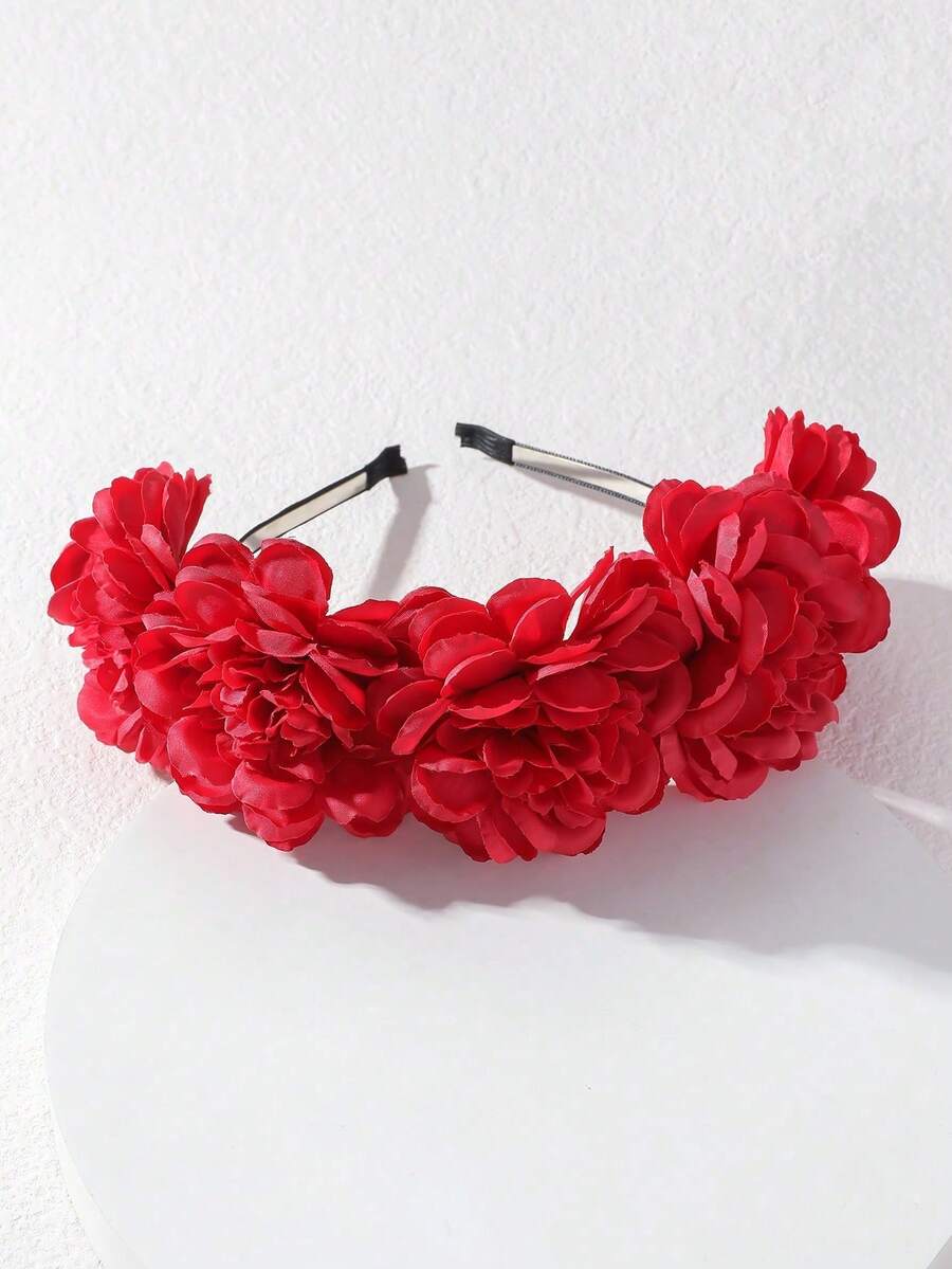 1pc Women's Artificial Flower Headband, Red Flower Hair Hoop, Halloween Headpiece, Holiday Party, Daily Wear - Red - View 1