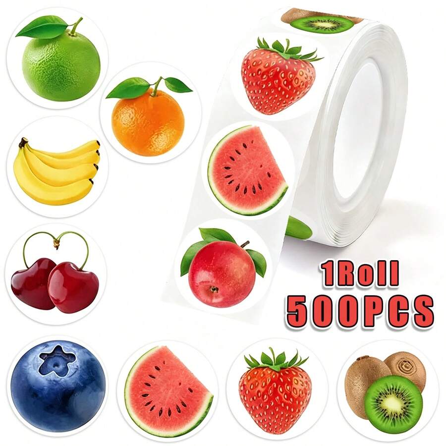 500pcs Fruit Stickers Orange Banana Kiwi Blueberry Apple Self-Adhesive Round Stickers For Drinks, Cakes, Sealing, Books, Stationery, Gifts, Cookies, Cake Packaging, Waterproof - Multicolor - View 1