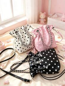 Cute Polka Dot Chain Drawstring Bucket Bag, Chain Strap Crossbody Bag, Y2K Style Mini Shoulder Bag, Suitable For Daily Casual Use, - Multicolor - View 1