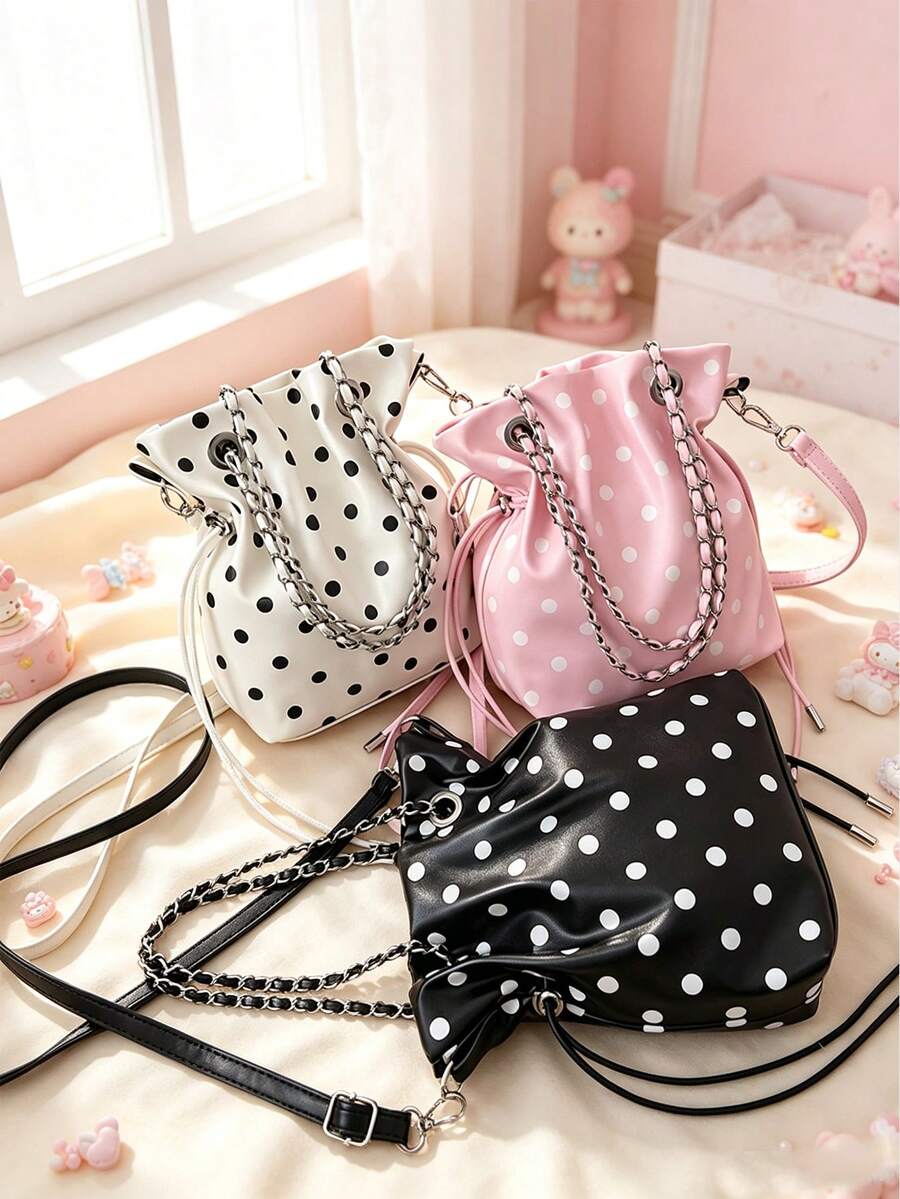 Cute Polka Dot Chain Drawstring Bucket Bag, Chain Strap Crossbody Bag, Y2K Style Mini Shoulder Bag, Suitable For Daily Casual Use, - Multicolor - View 1