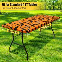 Halloween Orange Bat Print Elastic Tablecloth, Suitable For 4ft/6ft Party Decoration; Rectangular Folding Table Elastic Spandex Tablecloth, Combines Tabletop Protection Function, Suitable For Indoor And Outdoor Holiday Party Decoration, Reusable. - View 10
