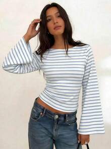 2pcs Women's Striped Knit Long Sleeve Tops, Boat Neck With Lantern Sleeves, Medium Stretch Fabric, Regular Length For Spring And Autumn - Blue Stripes + Black Stripes - View 3