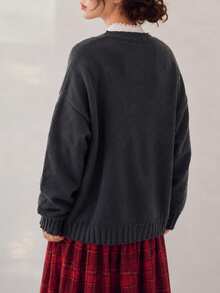 Women's Autumn/Winter Casual Minimalist Vintage Style Textured Knit Cardigan Jacket - Dark Grey - View 2