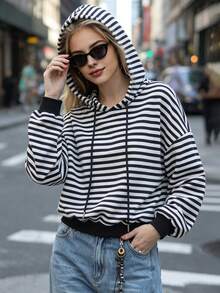 Women Fall Elegant Drawstring Hoodie, Striped Print Long Sleeve Cropped Loose Fit Holiday Festival Daily Tops - Black and White - View 7