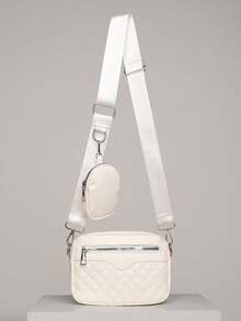 2pcs/Set Embroidered Men's Crossbody Bag Mini Key Pouch PU Leather, Quilted Bag - White - View 2