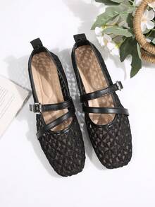 黑色瑪麗珍方頭透視網紗雙帶平底鞋 蕾絲網布淺口樂福鞋 優雅休閒 春秋新款 辦公通勤一腳蹬平底鞋 - 黑色 - 查看 7