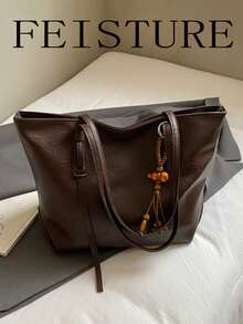 1pc Vintage Large Capacity Commuter Tote Bag, Zipper Closure, Pendant Decoration, Suitable For Daily Outing, Dating, Commuting - Coffee - View 9