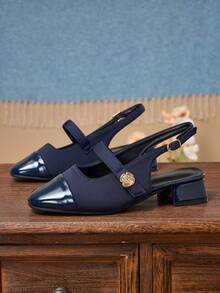 Women's All-Season Commuter High Heel Pumps, Square Toe Navy Blue Chunky Heel Mary Jane Shoes, Comfortable Versatile Slingback Sandals, Adjustable Hook And Loop Strap, Suitable For Shopping, Dating, Party, Gathering, Valentine's Day - Royal Blue - View 4