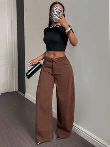 Women's Vintage Brown Wide Leg Jeans, Casual Denim Pants With Zipper And Pockets, Long Design - Coffee Brown - View 8