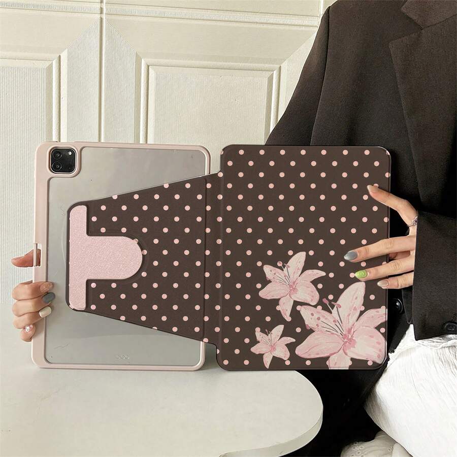 1件深棕色背景粉色波點粉色百合花卉印花平板保護殼，相容 iPad Air 6/5/4 & 10 (10.9 吋) - 相容 iPad Pro 2024、Air M3/A16 2025，相容 Galaxy Tab S9 FE/S8 Plus/S7/S10，相容 OPPO Pad，相容 MatePad，相容 Vivo Pad，相容 Honor Pad，相容 Xiaoxin Pad