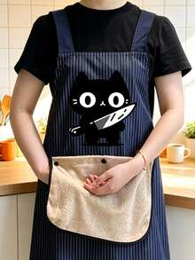 Cute Kitten Apron, Striped Apron, Easy To Wear,Kitchen Apron With Detachable Towels Black Cat Holding Knife With Two Pockets Durable And Easy To Clean, Ideal For Baking, Cooking, Home And Restaurant Use, Holiday Gift, Chef's Essential Apron - Multicolor - View 2