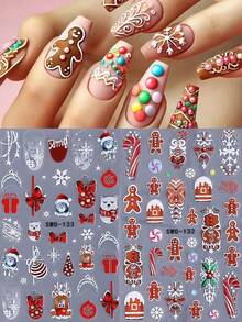 2pcs Red Holiday Nail Stickers, 5D Embossed Craft, Featuring Colorful Gingerbread Man, Polar Bear, Deer, Crystal Ball And Bow Patterns, Suitable For Holiday Nail Art Design. The Stickers Are Made Of Self-Adhesive Material, Can Be DIY Personalized Combination, Suitable For Nail Decoration, Creating Holiday Themed Nail Style. - Multicolor - View 2