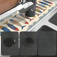 1pc Sink Faucet Absorbent Mat, Fish Pattern Drainage Pad, Suitable For Kitchen, Bathroom Sink, Countertop, Drainage Mat, Diatomaceous Earth Material, Trimmable, Quick Drying Mat - Multicolor - View 10