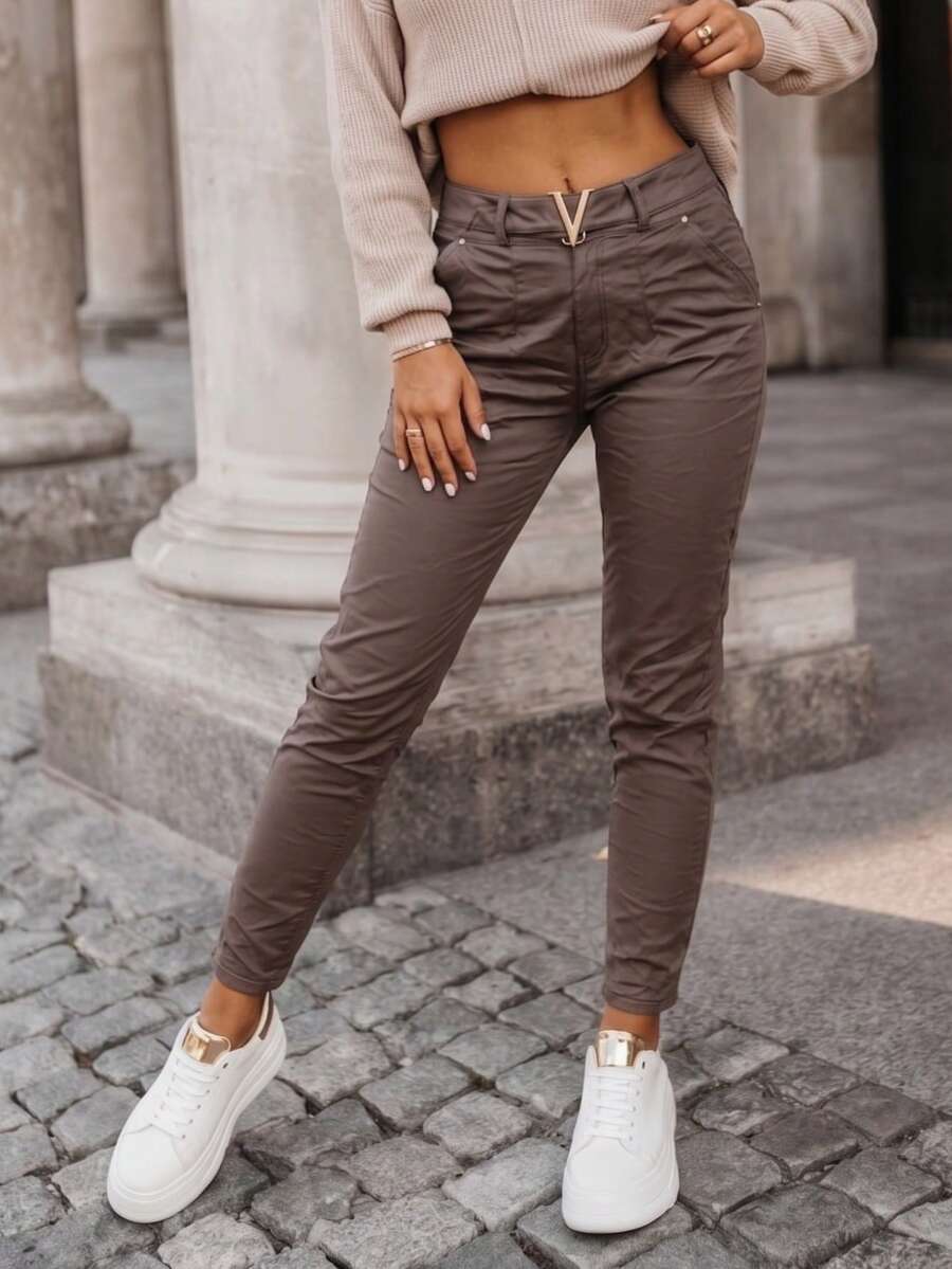 Women PU Leather Pants, Women Fleece Lined Faux Leather Pants MOMFIT Fleece Autunn Winter Warm PU Leather Skinny Pants Comfort Trousers With Stretch - Chocolate Brown - View 1