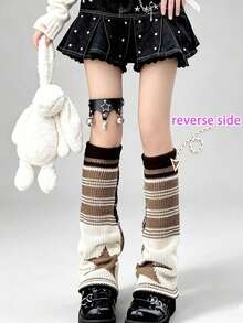 STAR RIVER 1 Pair American Vintage Coffee Brown Leg Warmers, Y2K Striped Star Double-Sided Wide Leg Knit Leg Warmers - Multicolor - View 3