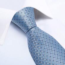5Pcs Men Haze Blue Four-Petal Flower Tie Pocket Square Cufflinks Boutonniere Tie Clip Set, Random Cufflink Pattern, Suit Accessories For Wedding - Dusty Blue - View 5