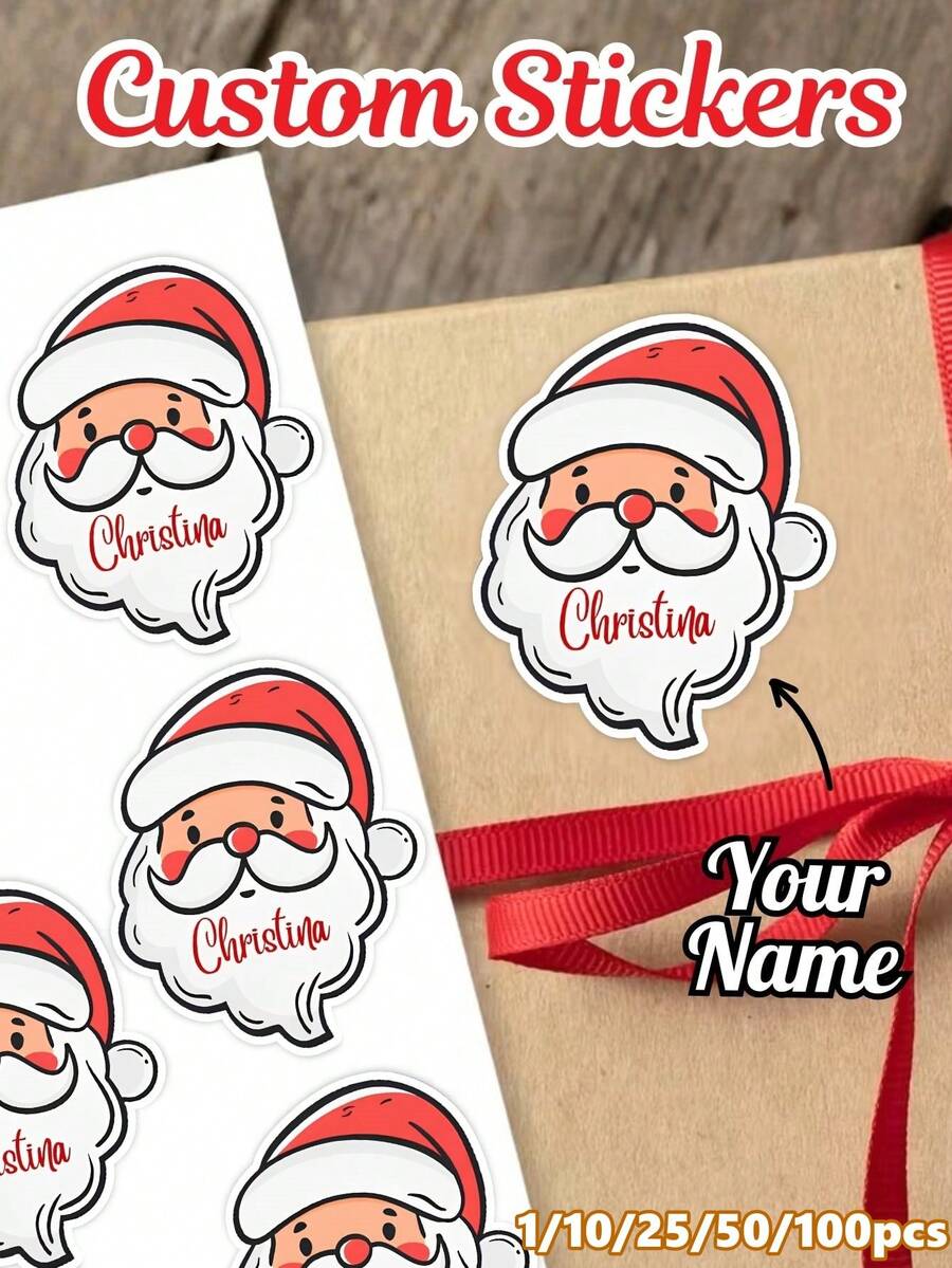 1/10/25/50/100pcs Customized Santa Claus Name Stickers, Personalized Christmas Gift Labels, Christmas Stickers, Customized Name Labels For Christmas, Used For Christmas Gift Packaging Decoration, Christmas Decoration, Personalized Gift Stickers Labels, Suitable For Friends And Family - Multi-color-name - View 1