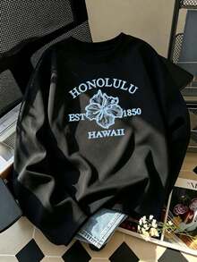 Vintage Hawaiian Honolulu Print Long Sleeve T-Shirt, Hibiscus Retro Pattern Casual Crew Neck Women's Long Sleeve Top - Black - View 1