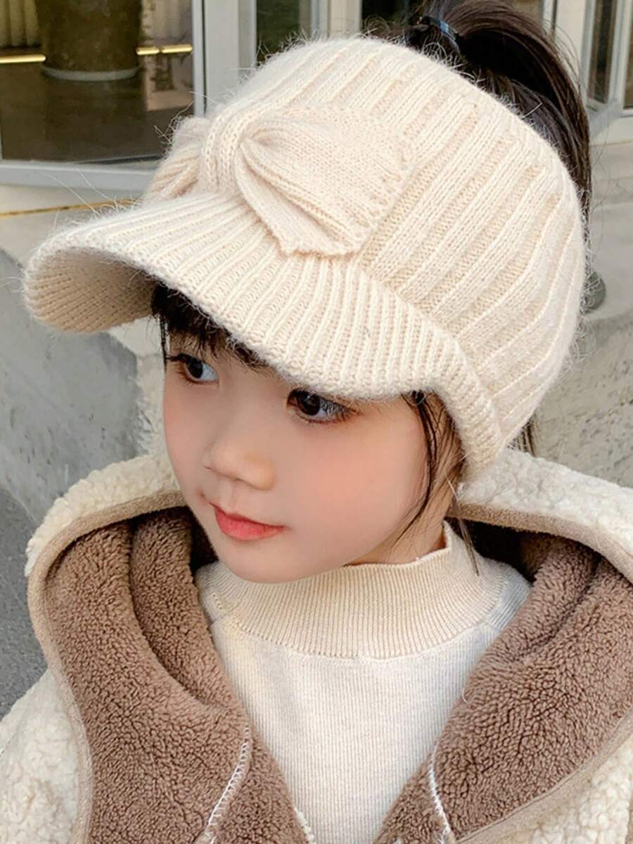 Children's Knitted Plush Letter Embroidered Short Brim Sun Hat, Unisex Warm Ear Protection Cap - Open-top Bow Knit - View 1