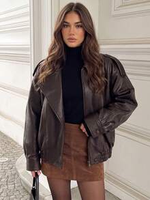 Women's Long Sleeve Stand Collar Faux Leather Jacket - Dark Brown - View 3