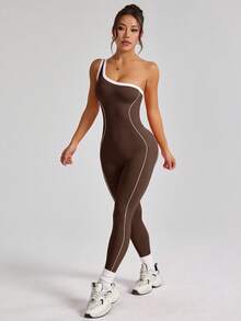 Seamless Contrast Color Shoulder Sports Jumpsuit, And Fabric, Tummy Control And Butt Lifting Yoga Jumpsuit, Gym Workout Jumpsuit Summer - Brown - View 5