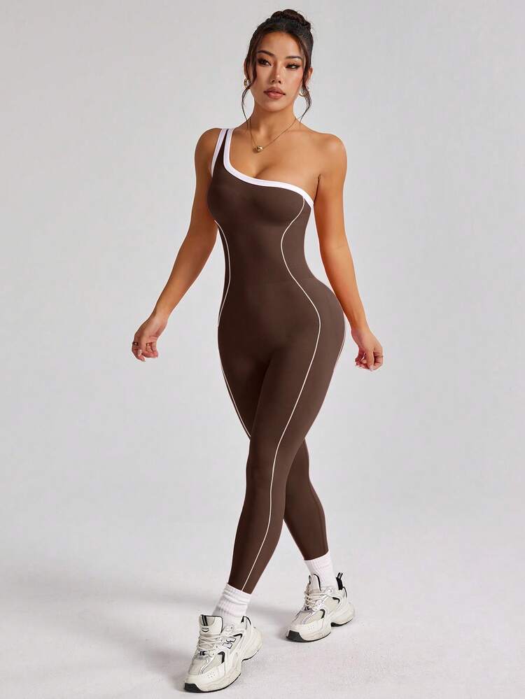 Seamless Contrast Color Shoulder Sports Jumpsuit, And Fabric, Tummy Control And Butt Lifting Yoga Jumpsuit, Gym Workout Jumpsuit Summer - Brown - View 5