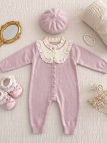 Infant Ins Gentle Taro Purple Knitted Romper, Hollow Lace Ruffle Edge Double Bow Long Sleeve Jumpsuit - Mauve Purple - View 2