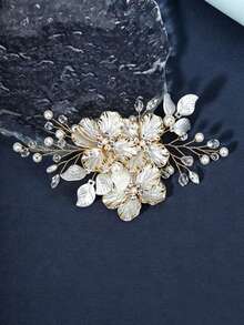 1pc Women's Gold-Trimmed Floral Rhinestone Plum Blossom Hair Clip, Bridal Wedding Hair Pin Decorative Hair Clip - Gold - View 2